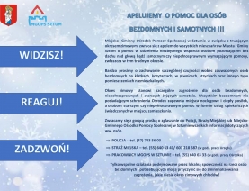 Apel o pomoc dla osób bezdomnych i samotnych.
