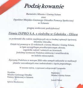 Podziękowanie dla Firmy INPRO z Gdańska