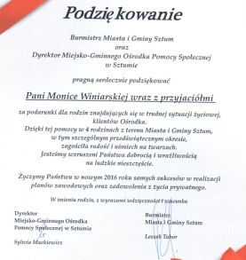 Podziękowanie dla Pani Moniki Winiarskiej
